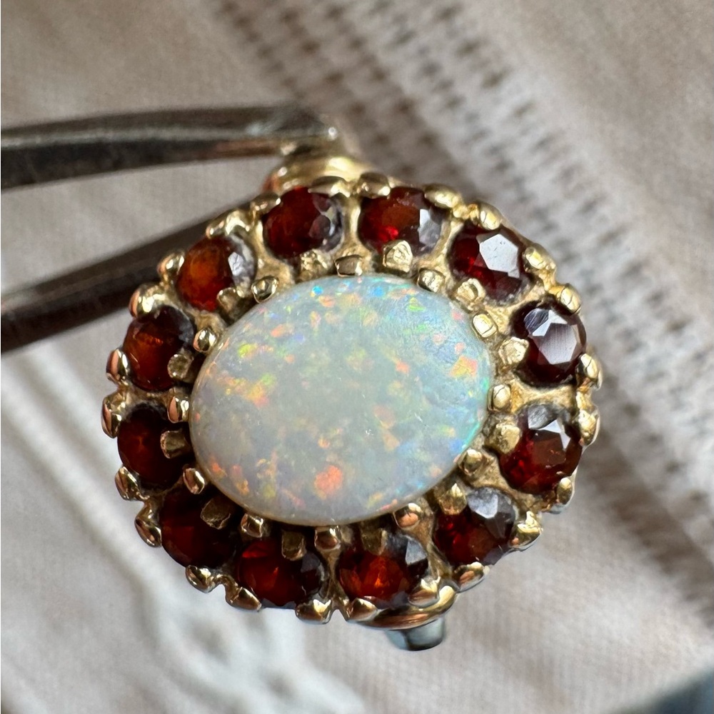 (SOLD) Vintage Solid 14k Yellow Gold Opal & Garnet Halo Ring. Size 7     4 grams